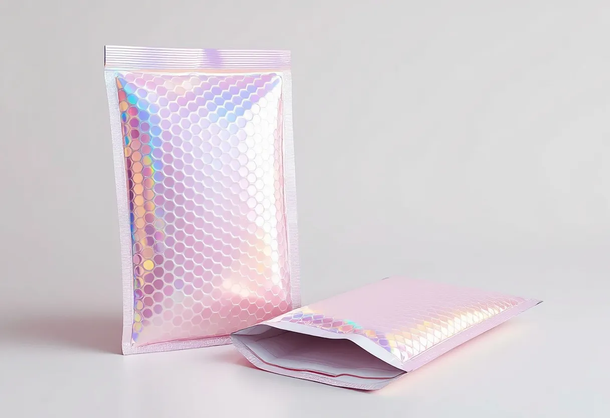 Pearl pink bubble mailers with iridescent film